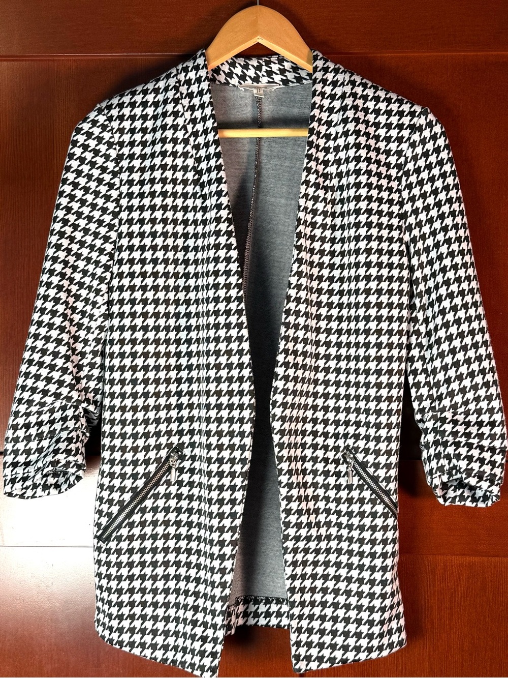 Maurices Black White Houndstooth Open Front Blazer Jacket XS Zip Pockets